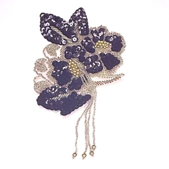 Black & Silver Beaded Sequin Floral Appliqué Patch with Dangles – 6.5” - Picture 2 of 10